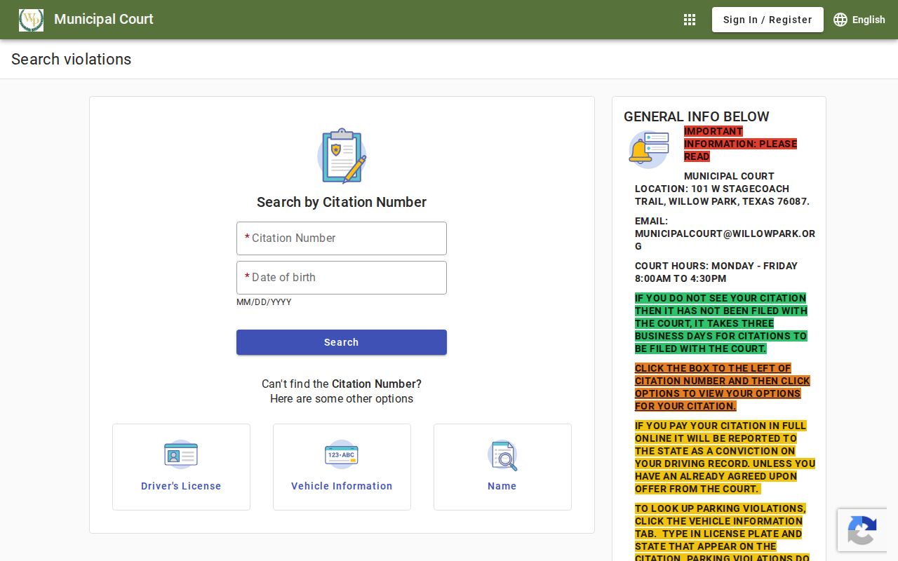 Willow Park criminal history municipal court citation search portal