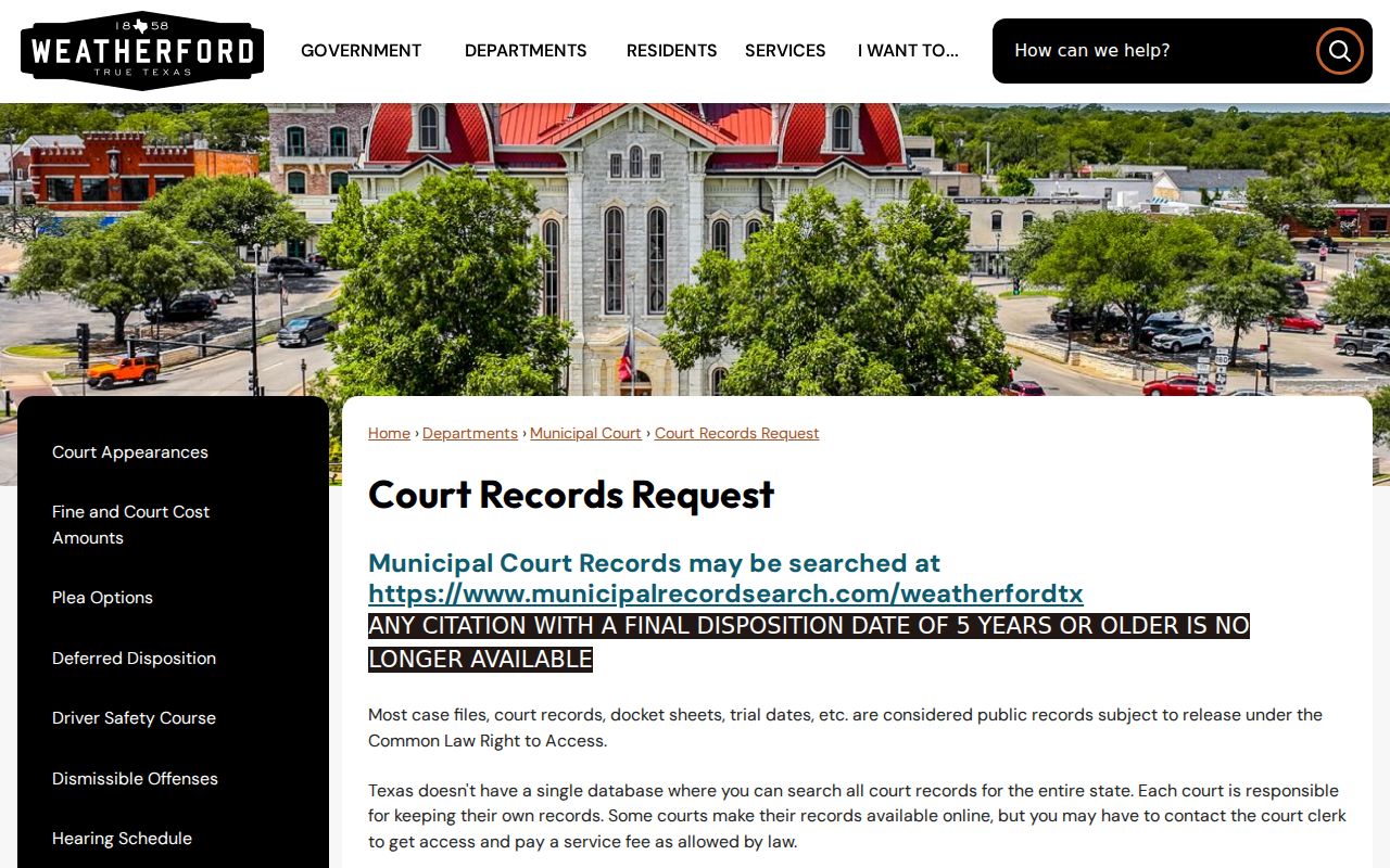 Weatherford criminal history municipal court records request page