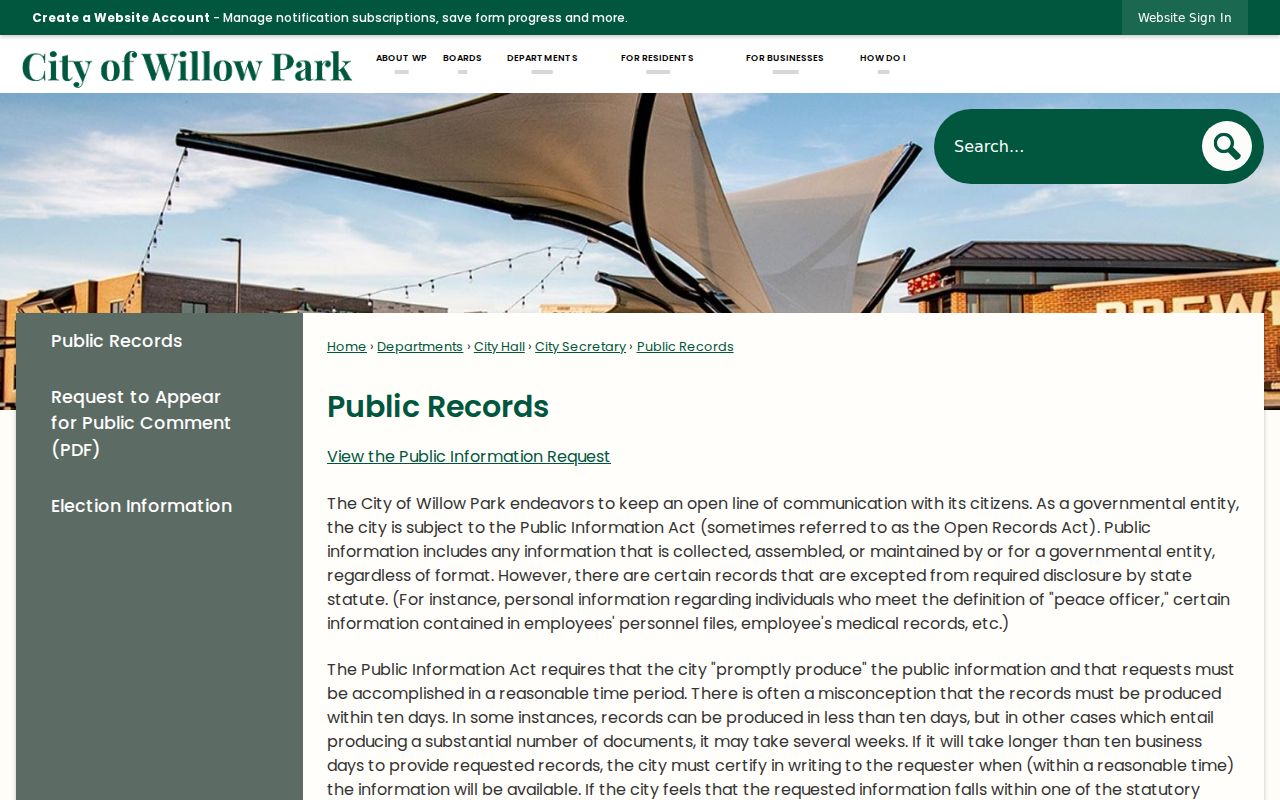 Willow Park criminal history police public records page