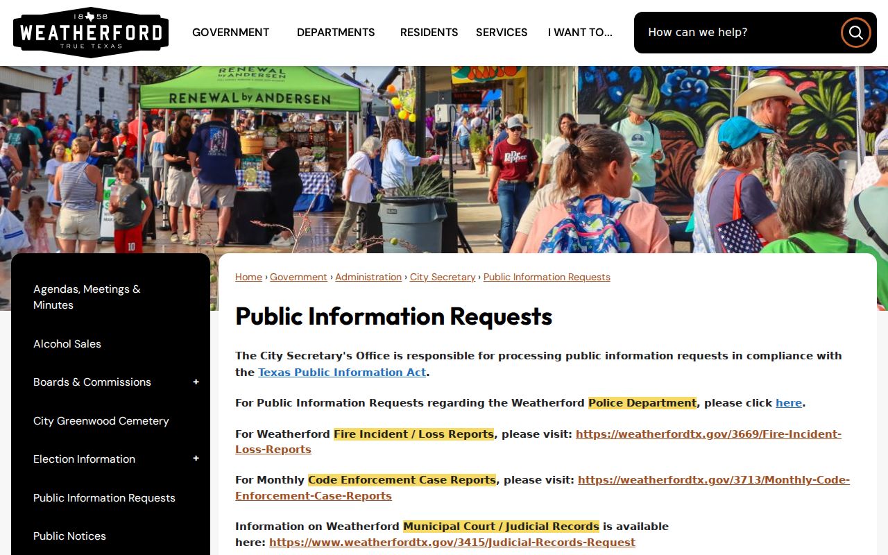 Weatherford criminal records request channels through the city public information page